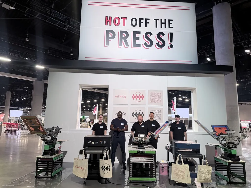 Crew posing at a Hot Off The Press screen printing booth on a trade show floor